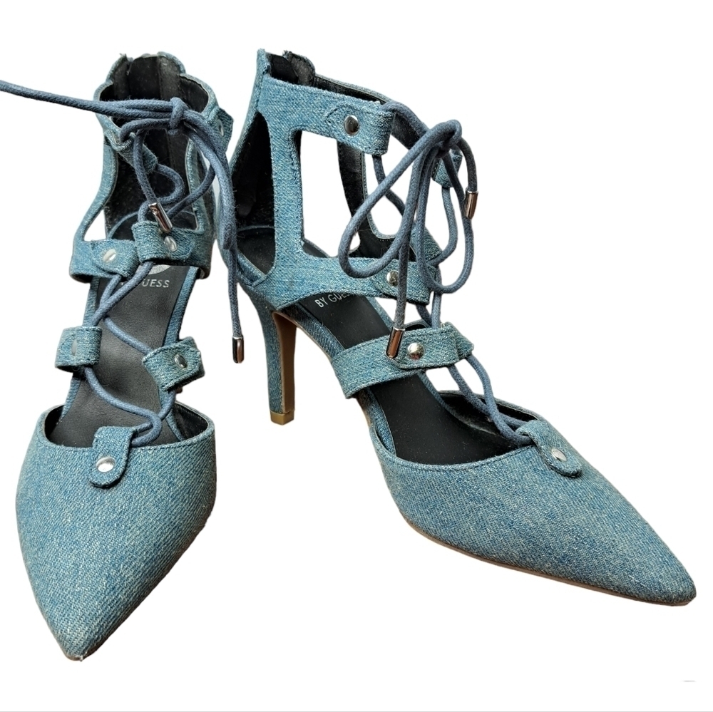 G by Guess - Denim-look - Lace Up - Strappy - Pointy Heels - Size 6 - EUC